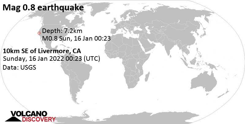 Minor mag. 0.7 earthquake - 10km SE of Livermore, CA, on Saturday, Jan 15, 2022 at 4:23 pm (GMT -8)
