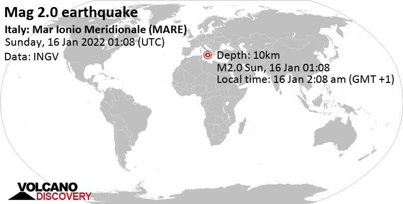 Minor mag. 2.0 earthquake - Ionian Sea, Italy, on Sunday, Jan 16, 2022 at 2:08 am (GMT +1)