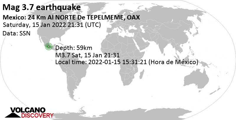 Weak mag. 3.7 earthquake - Puebla, 236 km southeast of Mexico, on Saturday, Jan 15, 2022 at 3:31 pm (GMT -6)