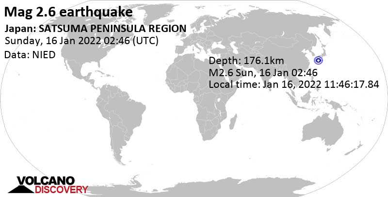 Sehr schwaches Beben Stärke 2.6 - East China Sea, Japan, am Sonntag, 16. Jan 2022 um 11:46 Lokalzeit