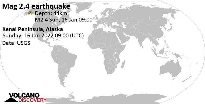 Minor mag. 2.4 earthquake - Kenai Peninsula, Alaska, on Sunday, Jan 16, 2022 at 12:00 am (GMT -9)