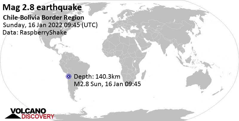 Minor mag. 2.8 earthquake - Tarapaca, Chile, on Sunday, Jan 16, 2022 at 6:45 am (GMT -3)