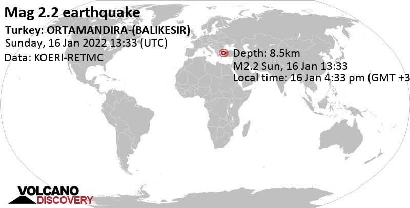 Weak mag. 2.2 earthquake - Turkey: ORTAMANDIRA-(BALIKESIR) on Sunday, Jan 16, 2022 at 4:33 pm (GMT +3)