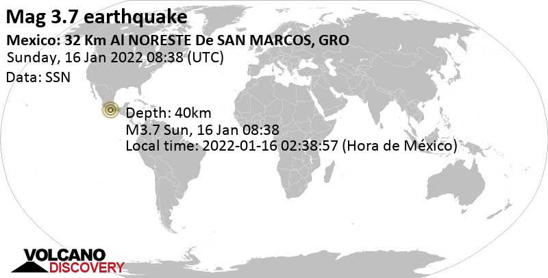Sismo debile mag. 3.7 - Guerrero, 273 km a sud da Città del Messico, Mexico City, Messico, domenica, 16 gen 2022 02:38 (GMT -6)