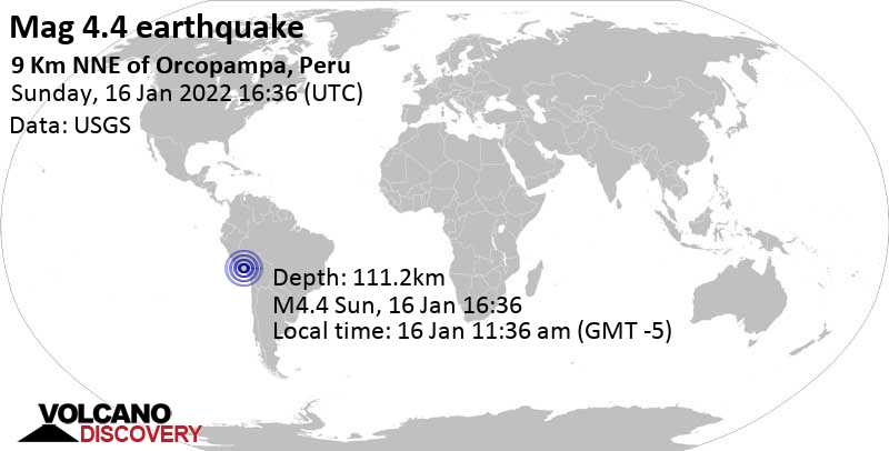 Leichtes Erdbeben der Stärke 4.4 - Arequipa, Peru, am Sonntag, 16. Jan 2022 um 11:36 Lokalzeit
