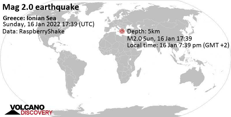 Schwaches Erdbeben Stärke 2.0 - Ionisches Meer, 288 km westlich von Athen, Attika, Griechenland, am Sonntag, 16. Jan 2022 um 19:39 Lokalzeit