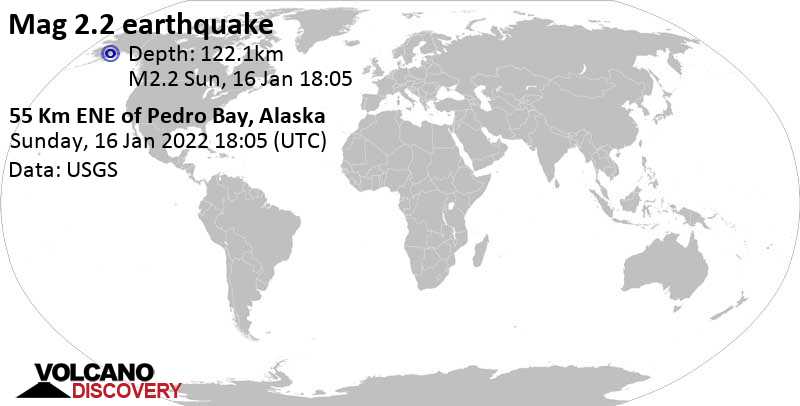 Minor mag. 2.2 earthquake - 55 Km ENE of Pedro Bay, Alaska, on Sunday, Jan 16, 2022 at 9:05 am (GMT -9)