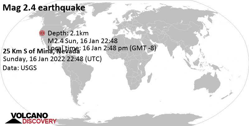 Weak mag. 2.4 earthquake - 25 Km S of Mina, Nevada, on Sunday, Jan 16, 2022 at 2:48 pm (GMT -8)