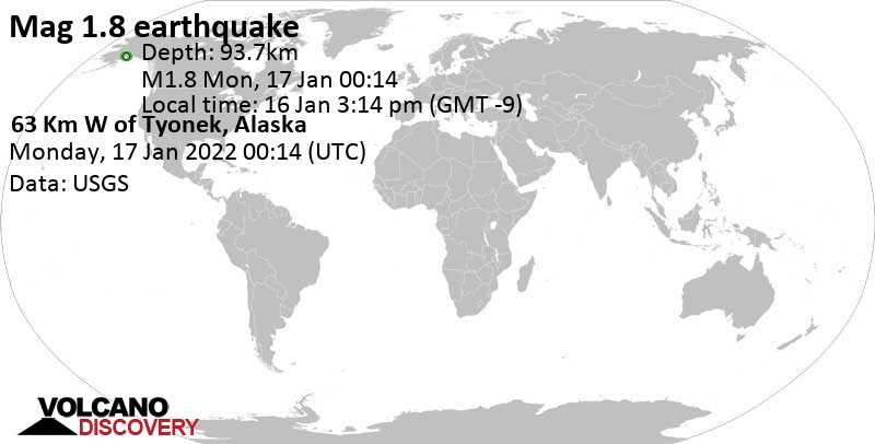 Minor mag. 1.8 earthquake - 63 Km W of Tyonek, Alaska, on Sunday, Jan 16, 2022 at 3:14 pm (GMT -9)