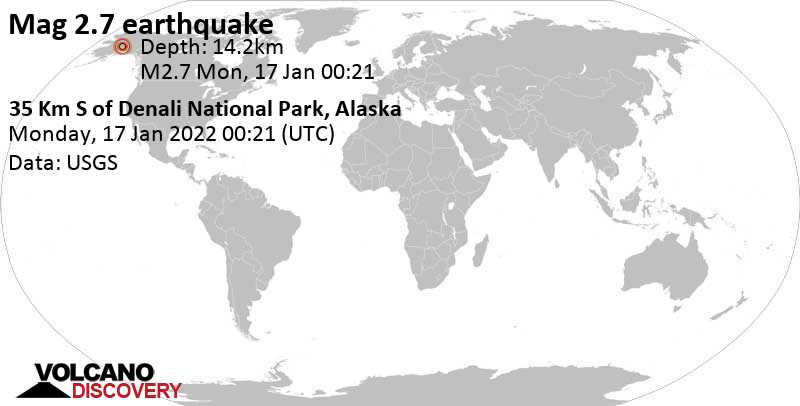 Weak mag. 2.7 earthquake - Alaska, USA, on Sunday, Jan 16, 2022 at 3:21 pm (GMT -9)