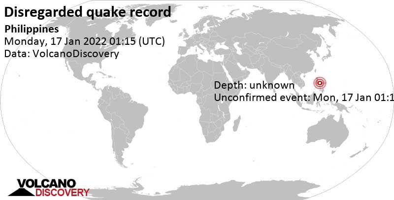 Evento desconocido (originalmente reportado como sismo): Bicol, 267 km al sureste de Manila, Filipinas, lunes, 17 ene 2022 09:15 (GMT +8)