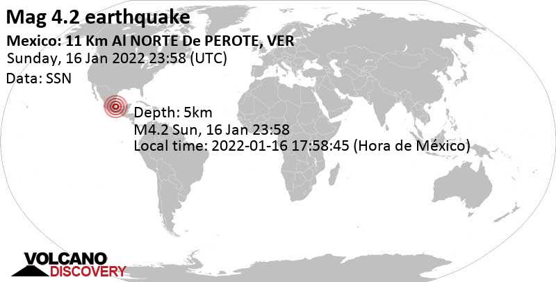 Μέτριος σεισμός μεγέθους 4.2 - Veracruz, 197 km ανατολικά από Πόλη του Μεξικού, Μεξικό, Κυριακή, 16 Ιαν 2022 17:58 (GMT -6)