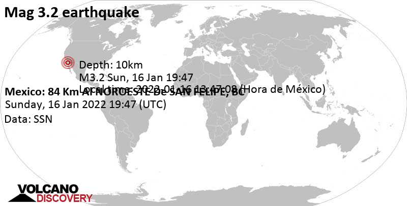 Leichtes Erdbeben der Stärke 3.2 - Baja California, Mexiko, am Sonntag, 16. Jan 2022 um 11:47 Lokalzeit