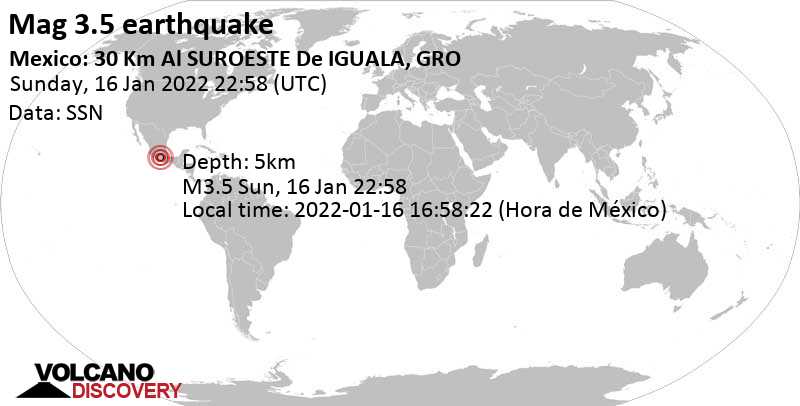 Light mag. 3.5 earthquake - Guerrero, 159 km south of Mexico, on Sunday, Jan 16, 2022 at 4:58 pm (GMT -6)