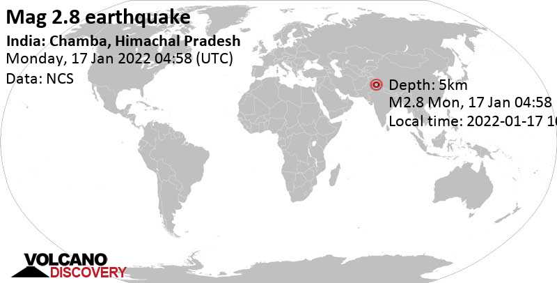Слабое землетрясение маг. 2.8 - 158 km к северо-западу от Шимла, Индия, Понедельник, 17 янв 2022 10:28 (GMT +5:30)