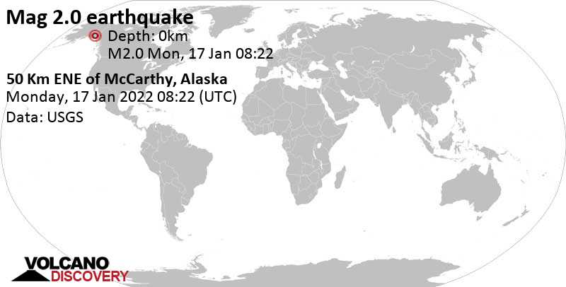Weak mag. 2.0 earthquake - 50 Km ENE of McCarthy, Alaska, on Sunday, Jan 16, 2022 at 11:22 pm (GMT -9)