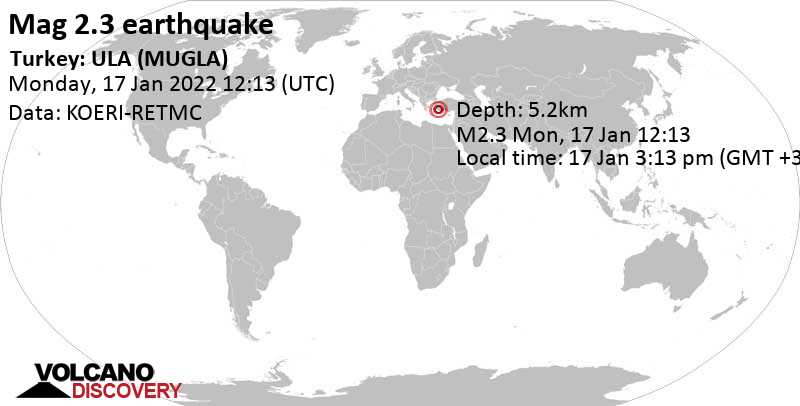 Weak mag. 2.3 earthquake - Turkey: ULA (MUGLA) on Monday, Jan 17, 2022 at 3:13 pm (GMT +3)