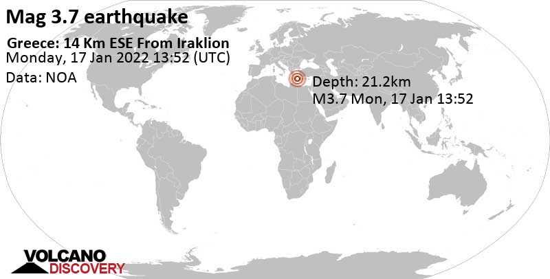 Light mag. 3.7 earthquake - Kreta, 13 km southeast of Heraklion, Crete, Greece, on Monday, Jan 17, 2022 at 3:52 pm (GMT +2)