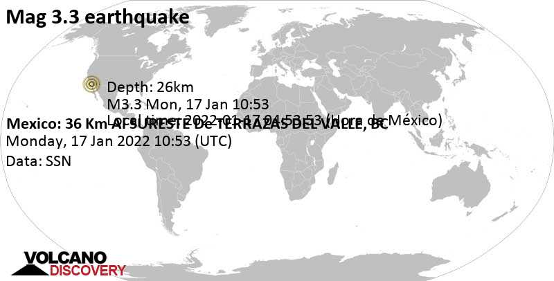 Weak mag. 3.3 earthquake - Baja California, Mexico, on Monday, Jan 17, 2022 at 2:53 am (GMT -8)
