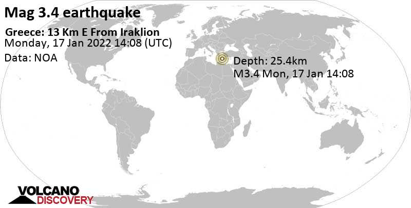 Weak mag. 3.4 earthquake - Kreta, Crete, Greece, on Monday, Jan 17, 2022 at 4:08 pm (GMT +2)