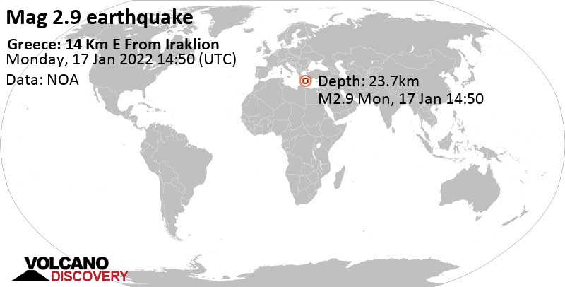 Weak mag. 2.9 earthquake - Kreta, 13 km east of Heraklion, Crete, Greece, on Monday, Jan 17, 2022 at 4:50 pm (GMT +2)
