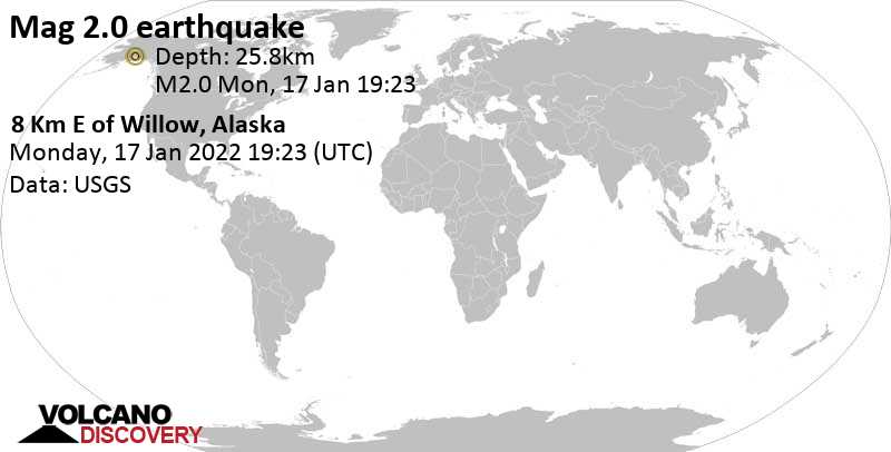 Minor mag. 2.0 earthquake - 8 Km E of Willow, Alaska, on Monday, Jan 17, 2022 at 10:23 am (GMT -9)