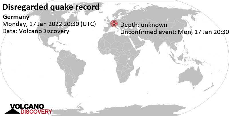 Reported seismic-like event (likely no quake): Baden-Württemberg, Germany, Monday, Jan 17, 2022 at 9:30 pm (GMT +1)