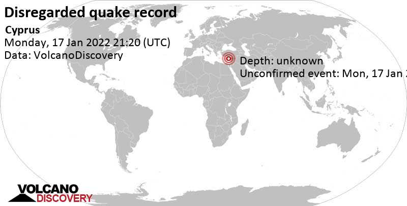 Unbekanntes (usrprünglich als Erdbeben) gemeldetes Ereignis: Larnaka, 36 km südöstlich von Nikosia, Nicosia, Zypern, am Montag, 17. Jan 2022 um 23:20 Lokalzeit