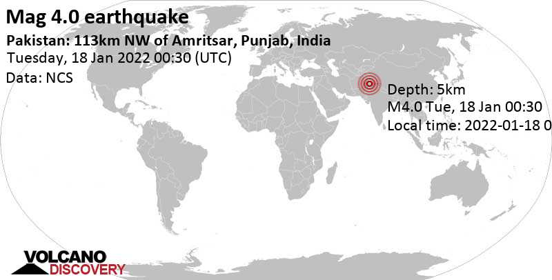 Moderate mag. 4.0 earthquake - Punjab, 183 km southeast of Islamabad, Pakistan, on Tuesday, Jan 18, 2022 at 5:30 am (GMT +5)