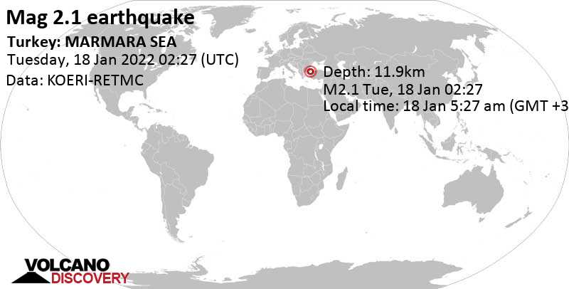 Незначительное землетрясение маг. 2.1 - Мраморное море, Турция, Вторник, 18 янв 2022 05:27 (GMT +3)