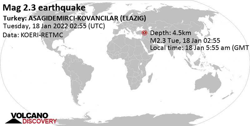 Weak mag. 2.3 earthquake - Turkey: ASAGIDEMIRCI-KOVANCILAR (ELAZIG) on Tuesday, Jan 18, 2022 at 5:55 am (GMT +3)