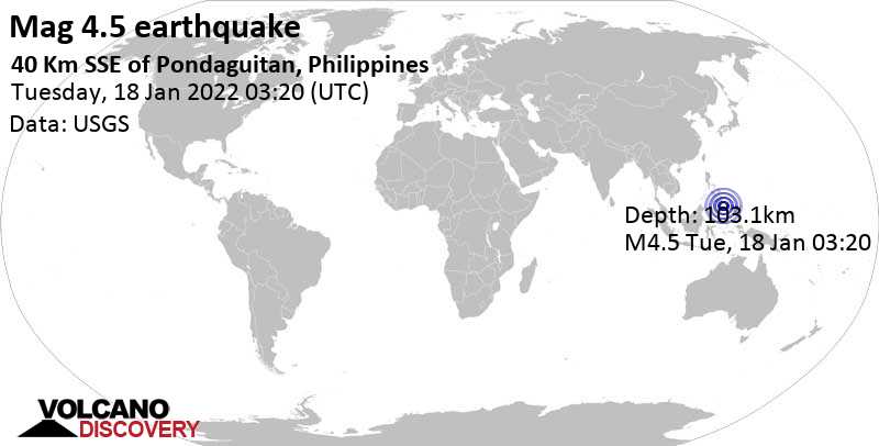 Light mag. 4.5 earthquake - Philippine Sea, Philippines, on Tuesday, Jan 18, 2022 at 11:20 am (GMT +8)