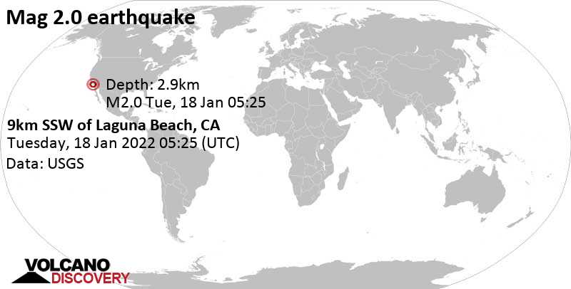 Weak mag. 2.0 earthquake - 9km SSW of Laguna Beach, CA, on Monday, Jan 17, 2022 at 9:25 pm (GMT -8)