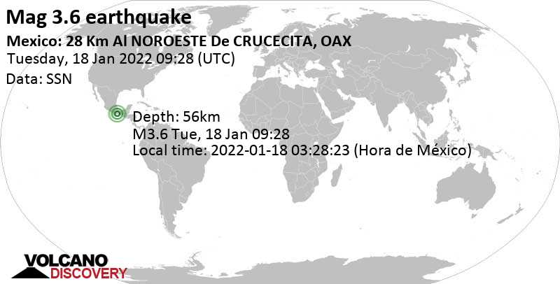 Weak mag. 3.6 earthquake - Oaxaca, Mexico, on Tuesday, Jan 18, 2022 at 3:28 am (GMT -6)