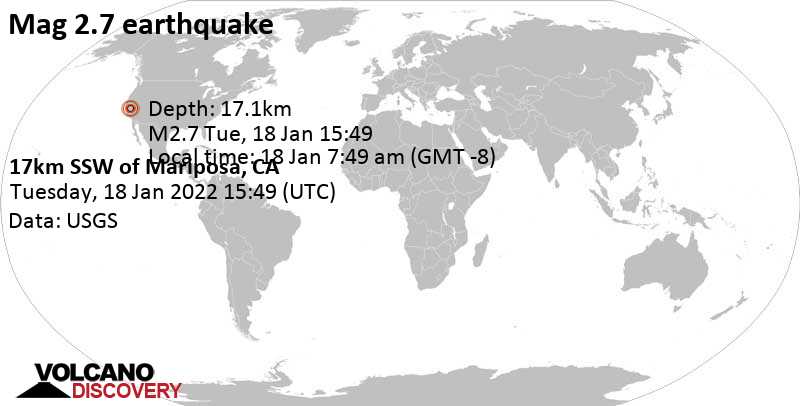 Weak mag. 2.7 earthquake - California, USA, on Tuesday, Jan 18, 2022 at 7:49 am (GMT -8)