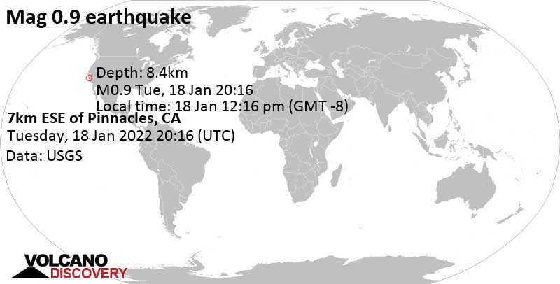 Minor mag. 0.9 earthquake - 7km ESE of Pinnacles, CA, on Tuesday, Jan 18, 2022 at 12:16 pm (GMT -8)