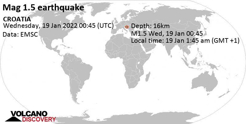 Minor mag. 1.5 earthquake - Sisak-Moslavina, 46 km south of Zagreb, HR.21.3186885, City of Zagreb, Croatia, on Wednesday, Jan 19, 2022 at 1:45 am (GMT +1)