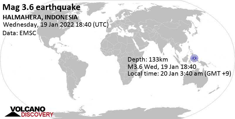 Séisme mineur mag. 3.6 - Molucca Sea, Indonésie, jeudi, 20 janv. 2022 03:40 (GMT +9)
