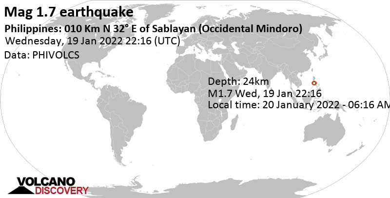 Μικρός σεισμός μεγέθους 1.6 - Μιντόρο, Mimaropa, 193 km νότια από Μανίλα, Φιλιππίνες, Πέμπτη, 20 Ιαν 2022 06:16 (GMT +8)