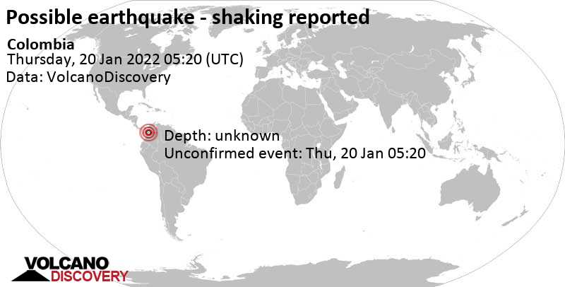 Sismo o evento similar a un terremoto reportado: Medellin, Antioquia, 248 km al noroeste de Bogotá, Colombia, jueves, 20 ene 2022 00:20 (GMT -5)