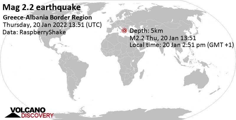 Weak mag. 2.2 earthquake - Qarku i Vlorës, Albania, 52 km north of Paxos Island, Greece, on Thursday, Jan 20, 2022 at 2:51 pm (GMT +1)