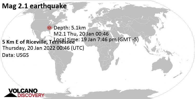 Αδύναμος σεισμός μεγέθους 2.1 - 5 Km E of Riceville, Tennessee, Τετάρτη, 19 Ιαν 2022 19:46 (GMT -5)