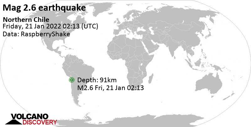 Minor mag. 2.6 earthquake - Tarapaca, Chile, on Thursday, Jan 20, 2022 at 11:13 pm (GMT -3)