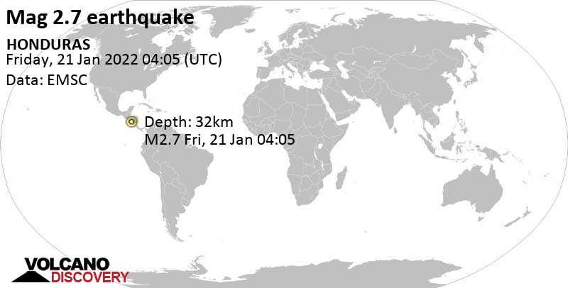 Sehr schwaches Beben Stärke 2.7 - Departamento de Choluteca, 144 km westlich von Managua, Nicaragua, am Donnerstag, 20. Jan 2022 um 22:05 Lokalzeit