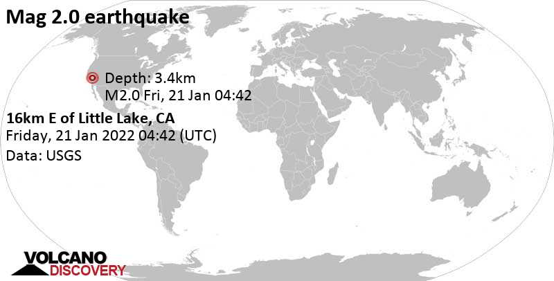 Weak mag. 2.0 earthquake - 16km E of Little Lake, CA, on Thursday, Jan 20, 2022 at 8:42 pm (GMT -8)