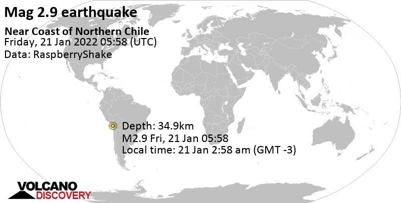 Weak mag. 2.9 earthquake - Tarapaca, Chile, on Friday, Jan 21, 2022 at 2:58 am (GMT -3)