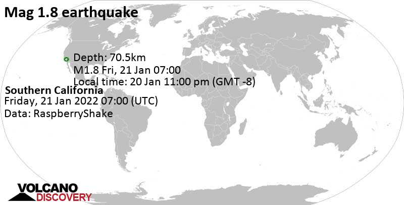 Minor mag. 1.8 earthquake - California, USA, on Thursday, Jan 20, 2022 at 11:00 pm (GMT -8)