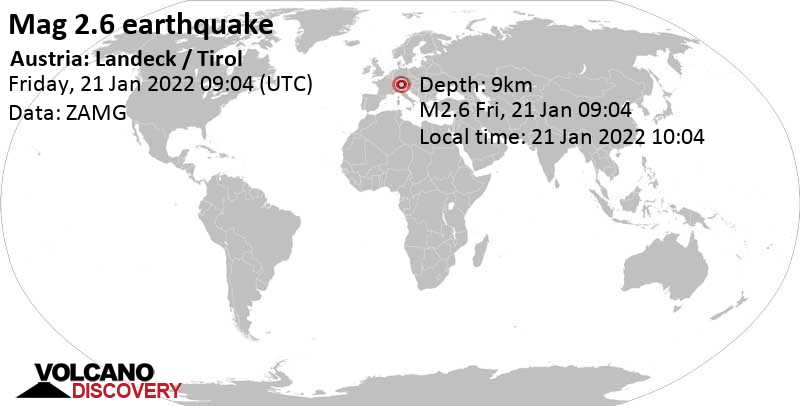 Schwaches Erdbeben Stärke 2.6 - 56 km westlich von Innsbruck, Tyrol, Österreich, am Freitag, 21. Jan 2022 um 10:04 Lokalzeit