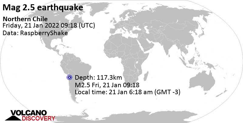 Minor mag. 2.5 earthquake - Tarapaca, Chile, on Friday, Jan 21, 2022 at 6:18 am (GMT -3)