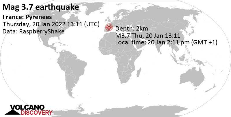 Moderate mag. 3.7 earthquake - Nouvelle-Aquitaine, France, on Thursday, Jan 20, 2022 at 2:11 pm (GMT +1)